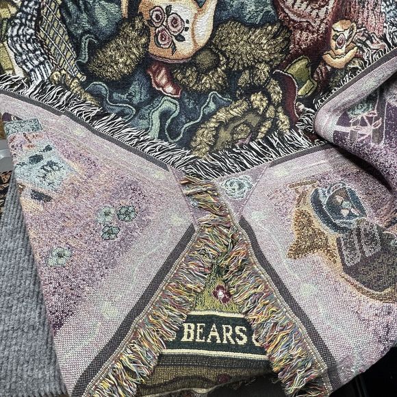 Boyds Bears Friends Blanket Tea Time Tapestry Throw Afghan Floral Fringe 66x48 - Picture 6 of 9